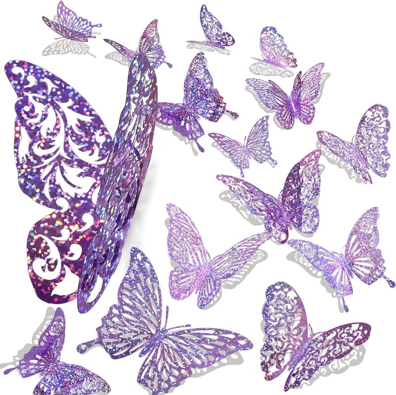 DELEMI 60 Pcs 3D Sequined Purple Butterfly Wall Decor Stickers, 5 Styles 3 Sizes, Holographic Butterfly Decor for Dorm Room & Wedding Party Birthday Decor - Image 1